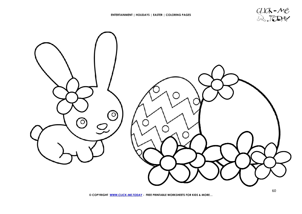 Easter Coloring Page:  60 Easter bunny with eggs & flowers